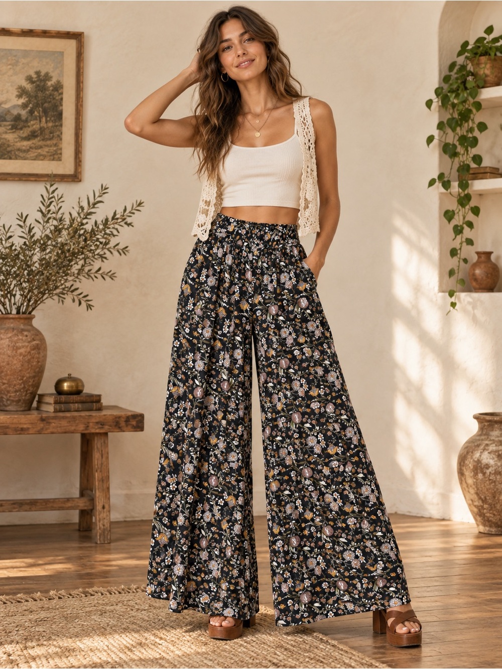 Natural Life black floral Margot palazzo wide leg boho pants size medium hippie